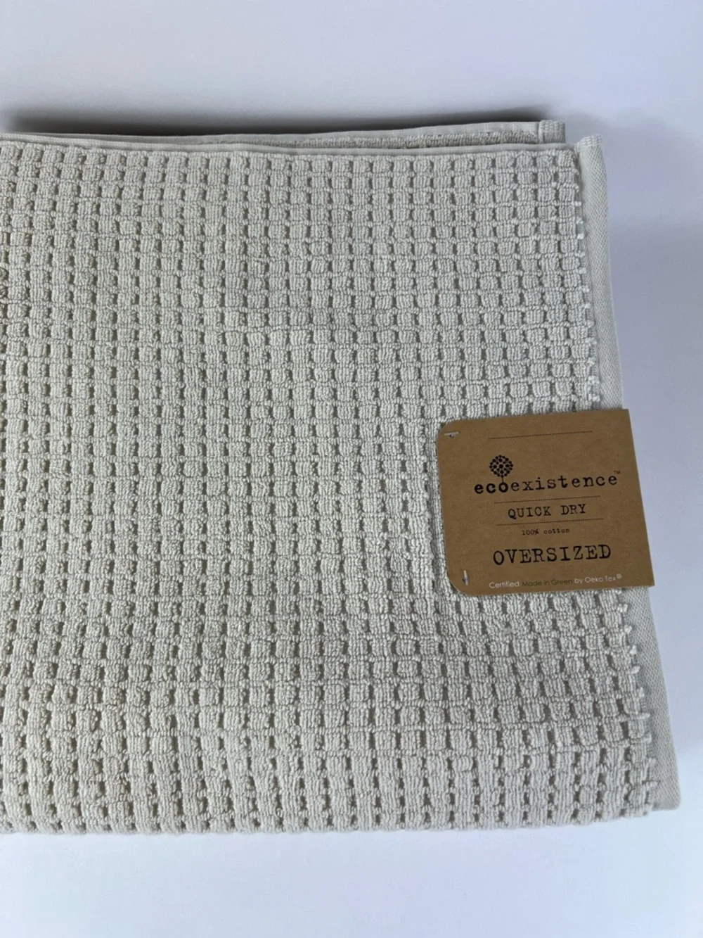 Ecoexistence Oversized Bath Towel Set Tan Waffle Cotton Quick Dry Set of 2 NEW